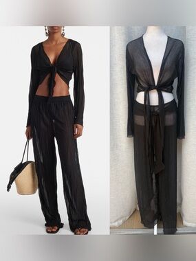 Endless Sun black sheer coverup tie top pants swim  set